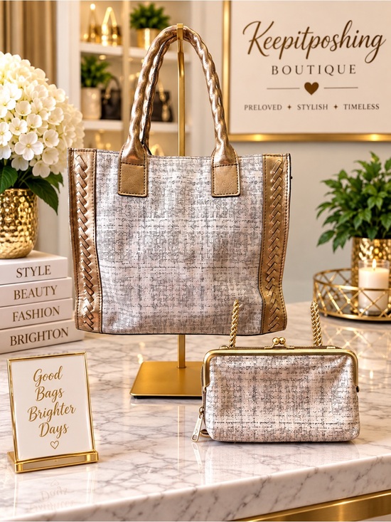 Patricia Nash Handbags - Patricia Nash Metallic Gold Woven-Trim Tote with Matching Clutch